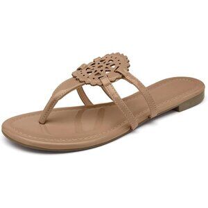 Women's Tan Flip Flop Sandals Comfortable Faux Leather Flat Sandals Shoes